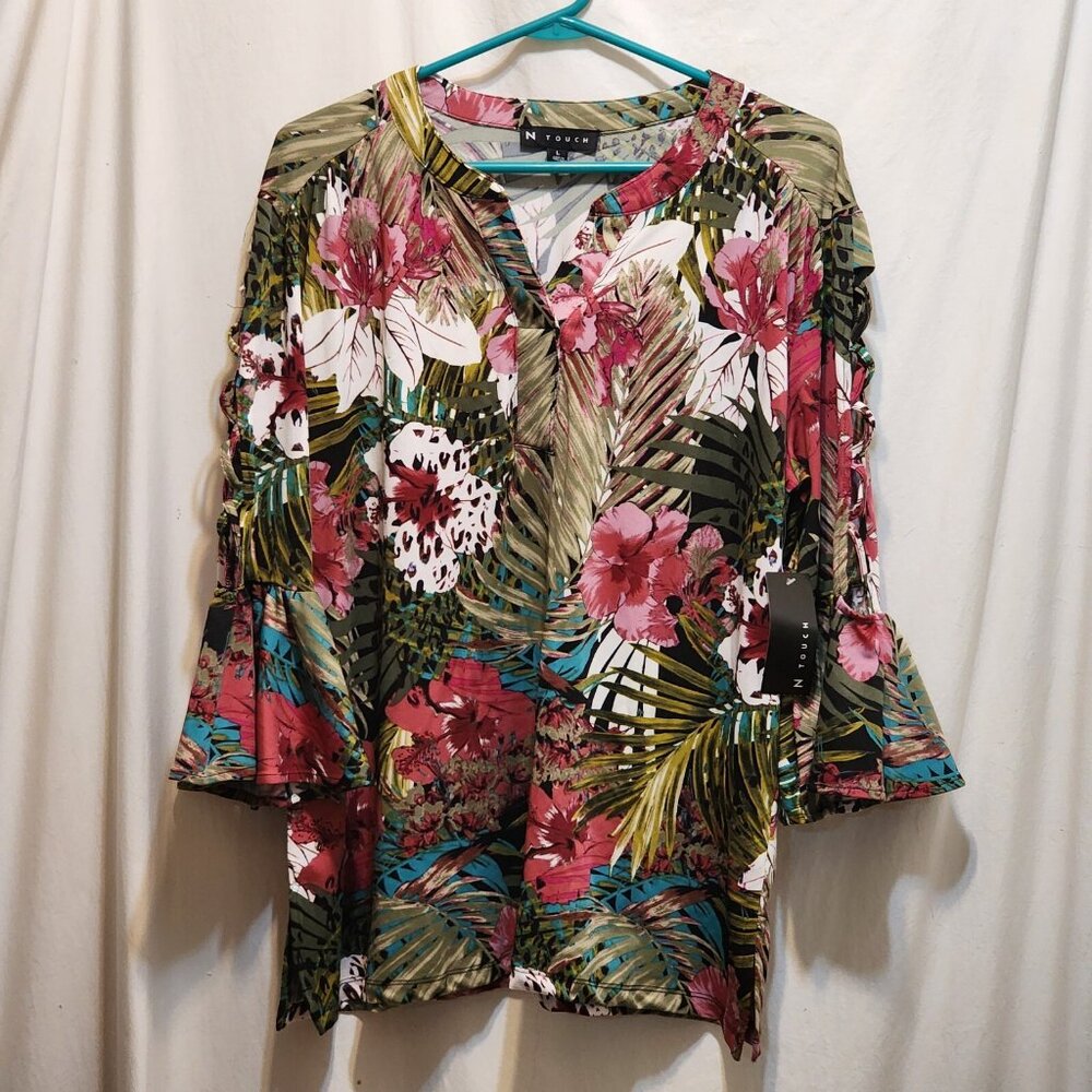 N Touch Tropical Floral Bell Split Tie Sleeves Multicolor Top L New